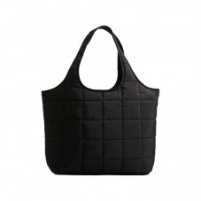 Black quilted mesh soft fluffy zipper nylon tote bag